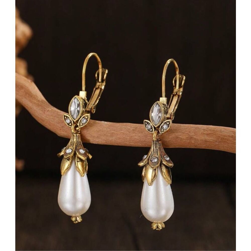 Antiqued Brass Pearl Drop Earrings